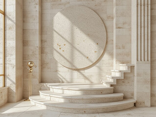 3d illustration of contemporary interior design featuring a curved staircase with sunlight casting geometric shadows on a textured wall.