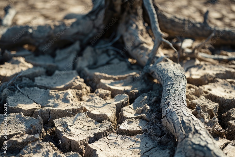 Poster a detailed view of a tree trunk in the dirt. this image can be used to depict nature, textures, or e