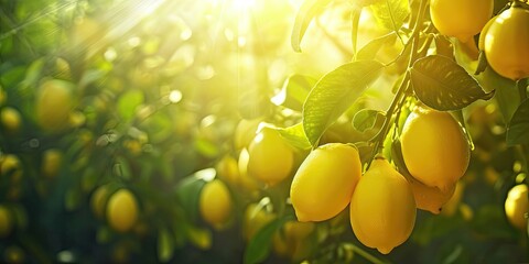 Ripe lemons hanging from lush tree in sunny summer day showcasing fresh and organic agriculture vibrant yellow citrus fruits in natural growth healthy and juicy food options from green farm - obrazy, fototapety, plakaty