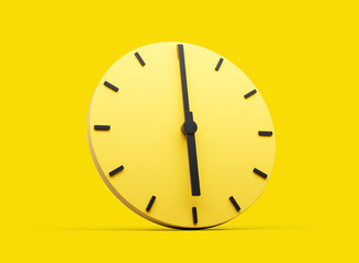 3d Simple Yellow Round Wall Clock 6 O'Clock Six O'clock On Yellow Background 3d illustration