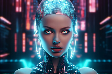 Girl character cyborg face woman future smart technology made with generative AI - obrazy, fototapety, plakaty