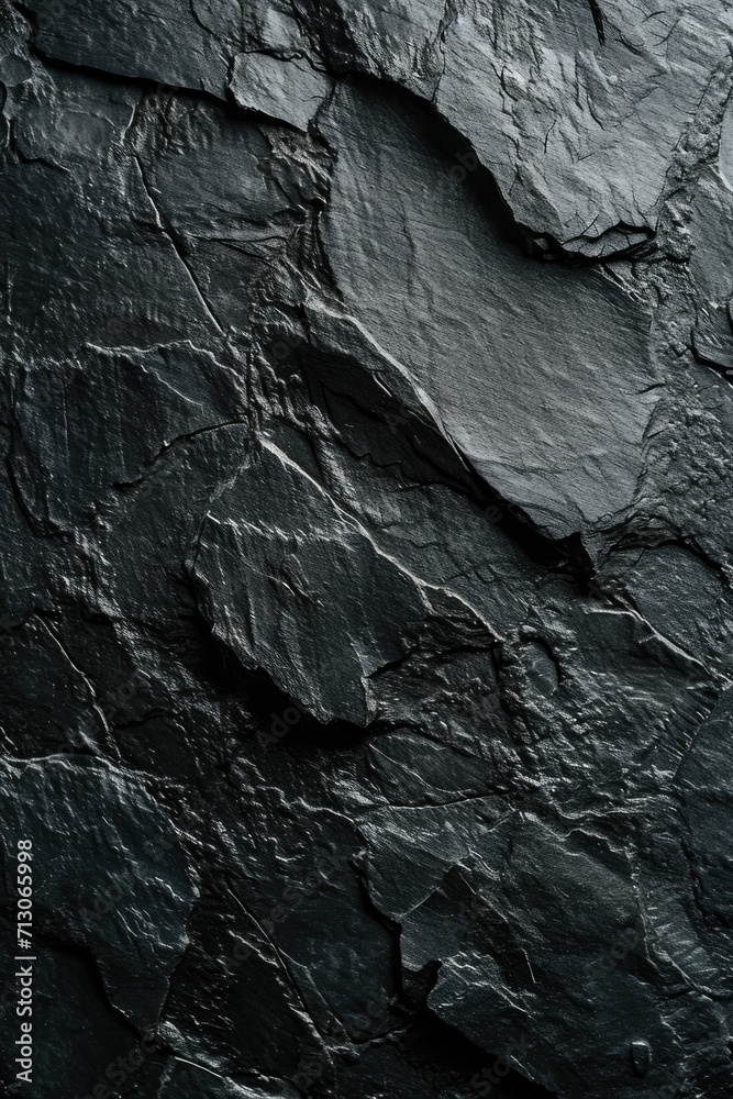 Poster A detailed view of a black stone wall. This image can be used to add texture and depth to design projects