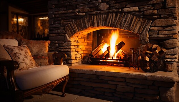 Warm and inviting stone fireplace with crackling firewood creating a cozy ambiance