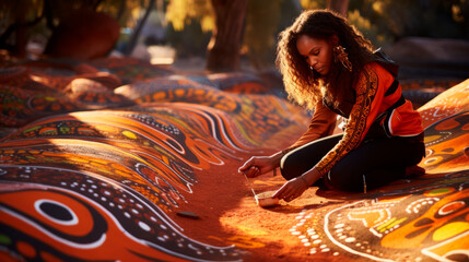 Woman is absorbed in creating an intricate Aboriginal dot painting on ground surrounded by, glowing sunset. Her traditional clothing, artwork reflect deep connection to cultural heritage, stories.
