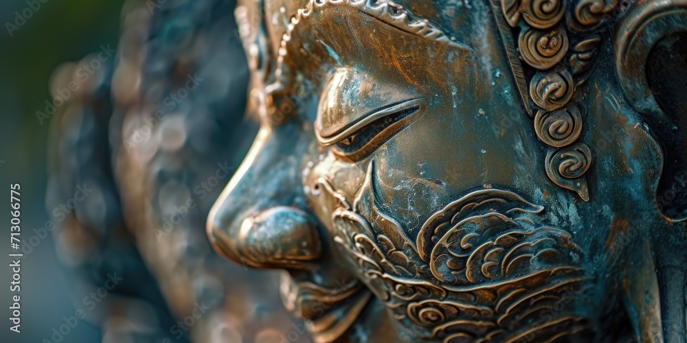 Poster a close-up view of a statue depicting a person's face. this image can be used to represent art, scul