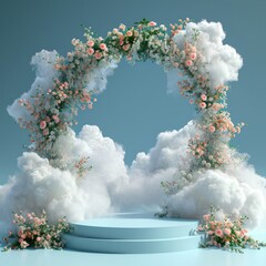 Advertising podium, showcase with arch and flowers. Futuristic concept display in the clouds. Background with flying fluffy clouds for product presentation.
