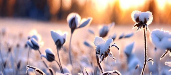 Nature's Frosty Ballet Captivating winter landscape with frozen plants in the forest at the enchanting sunset