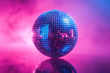 Disco ball on purple background. Disco club concept. 