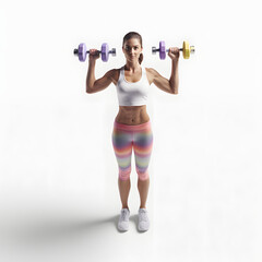 Person in workout clothes holding dumbbells isolated on white background, isometry, png
