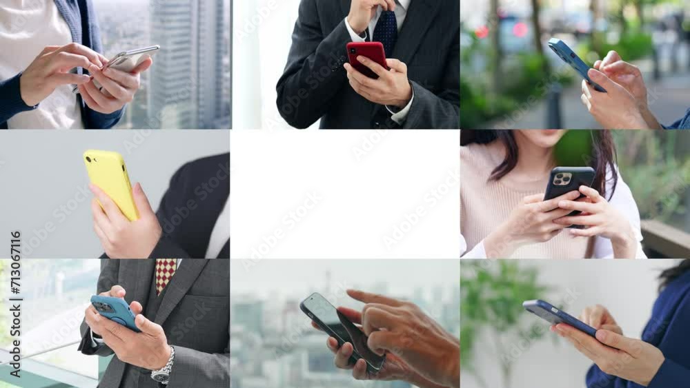 Poster collage videos of people using smartphones in various situations. scaling transition from white back