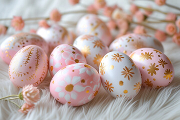 Naklejka na ściany i meble Hand Painted Easter Eggs in Pastel Colors and Gold - Artistic Easter Celebration, Traditional Egg Decoration, Springtime Holiday Background