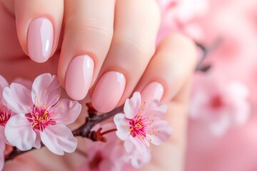 Obraz na płótnie Canvas hand with perfect manicure in pastel pink color for spring, cherry blosson, nail salon ad