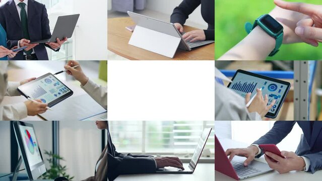 Collage videos of people using various digital devices. Scaling transition from white background.