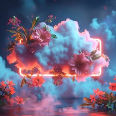 Fototapeta na wymiar Fluffy cartoon cloud with colorful flowers and neon light. Spring mood. Greeting card for International Women's Day. Rain of flowers concept.