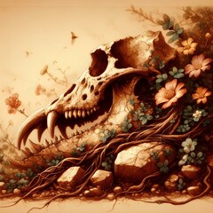 Ai generates an illustration of an animal fossil surrounded by flowers and roots