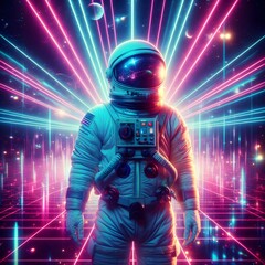 Fototapeta premium Astronaut surrounded by flashing neon lights. Retro 80s style synthwave background.