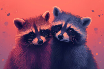 Greeting card on Valentine's Day with a couple of raccoons in love.