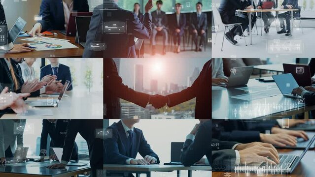 Collage videos of various business scenes and digital technology concept.