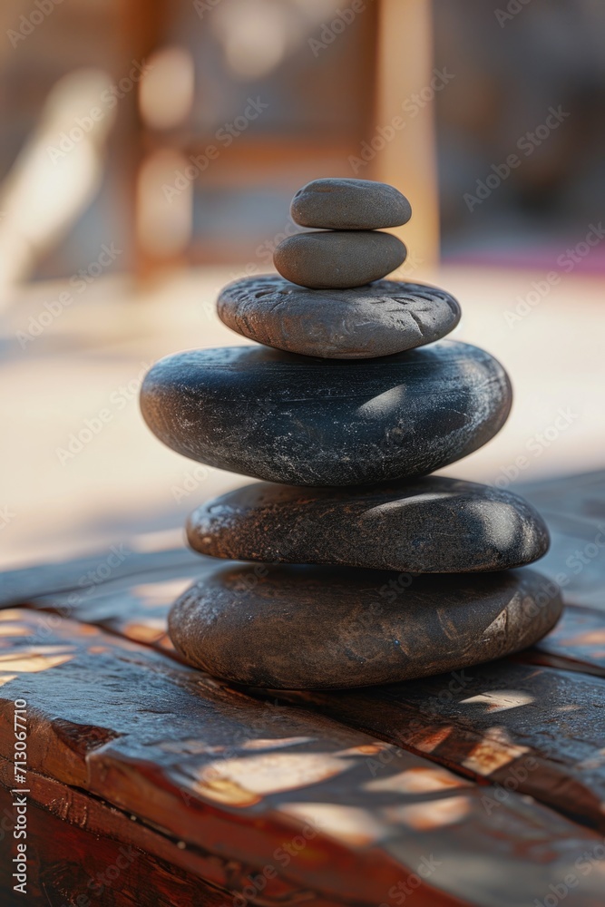 Poster A stack of rocks placed on top of a wooden table. Suitable for various design projects and nature-inspired themes