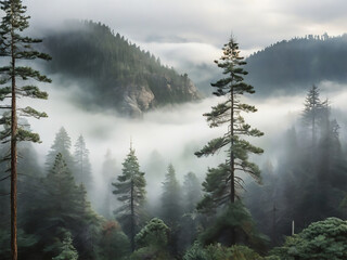 a forest filled with fog