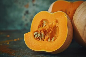 A halved pumpkin resting on a table. Suitable for autumn-themed designs and Halloween decorations