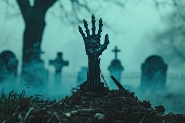 A zombie hand reaching out from a grave in a misty cemetery . Zombie hand coming out of his grave - obrazy, fototapety, plakaty