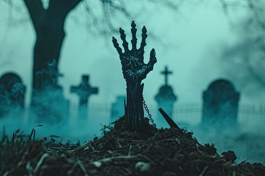 A zombie hand reaching out from a grave in a misty cemetery . Zombie hand coming out of his grave