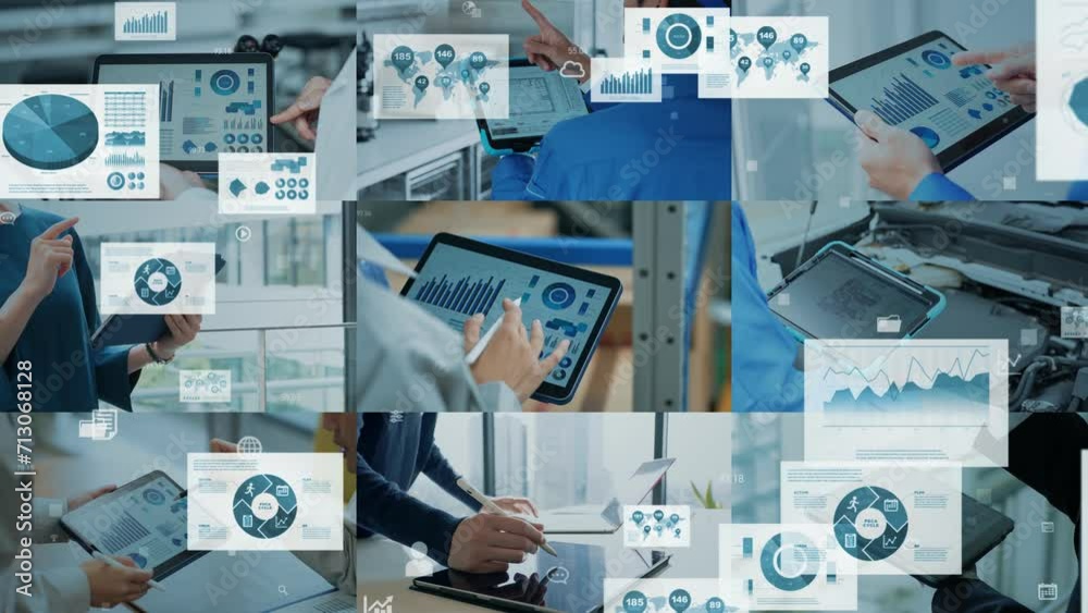 Poster collage videos of people using tablet pc in various situations and digital documents concept.