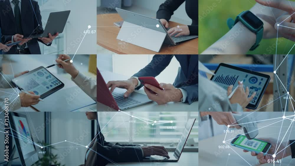 Poster collage videos of people using various digital devices and communication network concept.