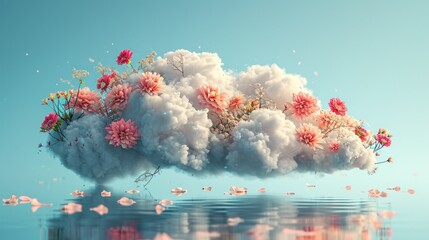 Fluffy cartoon cloud with colorful flowers. Spring mood. Greeting card for International Women's Day. Rain of flowers concept.