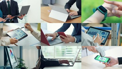 Collage videos of people using various digital devices. - Powered by Adobe