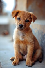 A small brown dog sitting on top of a cement floor. This image can be used to depict a pet dog in a residential or industrial setting