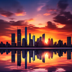 Fototapeta na wymiar Vibrant Sunset Skyline Reflection in City Waterfront