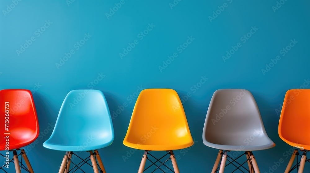 Poster A row of colorful chairs placed against a vibrant blue wall. This versatile image can be used to add a pop of color and vibrancy to various design projects