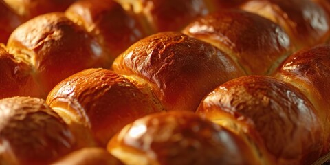 A close-up view of a tray filled with delicious, freshly baked bread. Perfect for food-related projects and advertisements