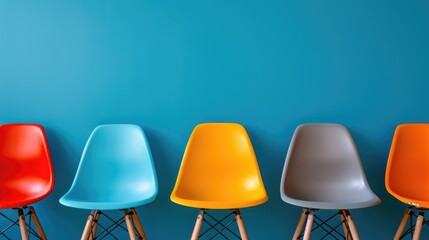 A row of colorful chairs placed against a vibrant blue wall. This versatile image can be used to add a pop of color and vibrancy to various design projects