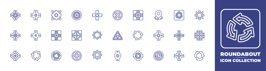 Roundabout line icon collection. Editable stroke. Vector illustration. Containing roundabout, crossroad, four arrows, turn around, arrows circle, road, all directions.