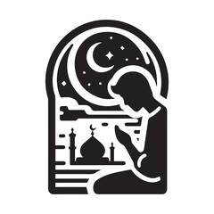 Muslims praying in mosque, Islamic pray outline icon in white and black colors. Islamic pray flat vector icon from religion vector Illustration