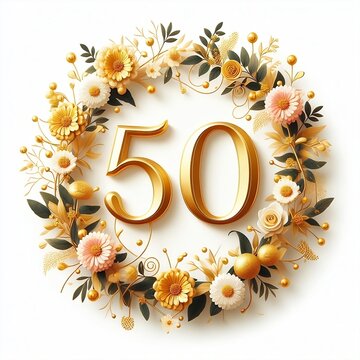50th celebration number fifty in golden colour surrounded by flowers on white background