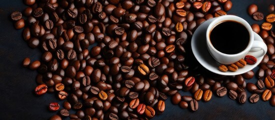 Fototapeta premium Dark Roast Delight A visual symphony of coffee beans and a cup of espresso on a sleek black background