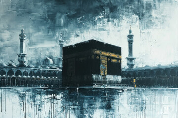 Obraz premium painting. Drawing of the Kaaba prayer in Mecca, back view. A holy place with prayer.