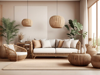 Home interior mock-up with rattan furniture, table and decor in living room design, 3d rendering