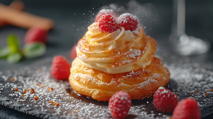 Cream Filled Pastry with Raspberries and Powdered Sugar
 - obrazy, fototapety, plakaty