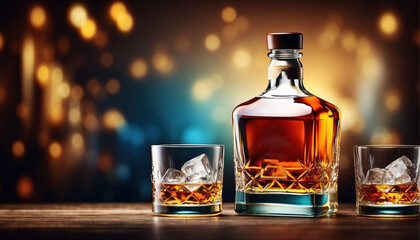 Obraz na płótnie Canvas Scotch whiskey ice in glasses and a bottle