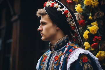 Generative AI picture photo of attractive nice ukrainian man in traditional embroidered national clothes