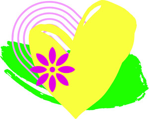 Happy Valentine's Day composition in flat style. Abstract brush stroke, heart in bright neon colors and geometric shapes - digital illustration for branding, advertising, print, banner, flyer.