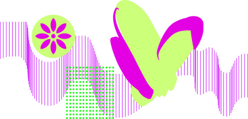 Happy Valentine's Day composition in flat style. Abstract brush stroke, heart in bright neon colors and geometric shapes - digital illustration for branding, advertising, print, banner, flyer.