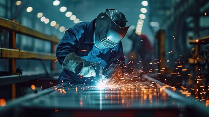 Industrial worker welding metal in factory. Metalwork manufacturing and construction concept.