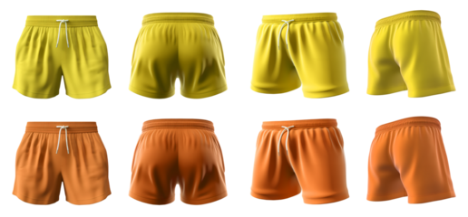 2 Set of yellow orange mustard, unisex running sports shorts boxer bottom, front, back and side view on transparent background cutout, PNG file. Mockup template for artwork graphic design