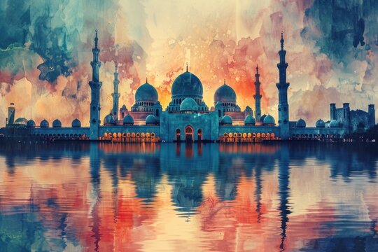 illustration style image of mecca mosque watercolor abstract